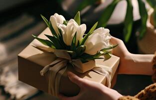 ai gerado mulher entrega branco tulipas com presente caixa foto