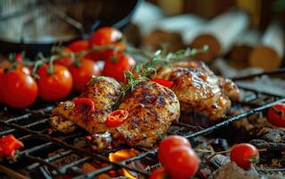 ai gerado grelhado frango sentado em grade com tomates e vermelho pimentas foto