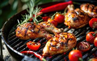 ai gerado grelhado frango sentado em grade com tomates e vermelho pimentas foto