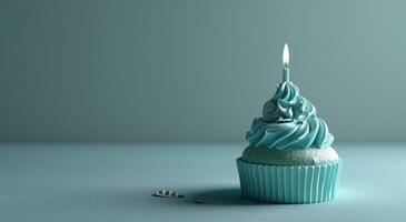 ai gerado luz vela em uma aniversário bolo com azul gelo foto