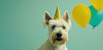 ai gerado uma branco cachorro vestido acima dentro uma amarelo festa chapéu foto