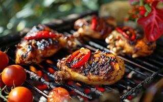 ai gerado grelhado frango sentado em grade com tomates e vermelho pimentas foto