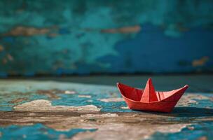 ai gerado uma pequeno papel barco com vermelho vela em de madeira área coberta foto