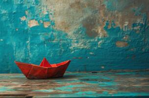 ai gerado uma pequeno papel barco com vermelho vela em de madeira área coberta foto