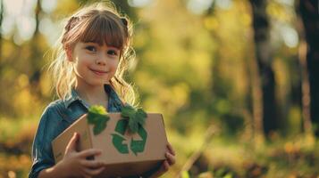 ai gerado uma jovem menina segurando uma caixa com uma plástico reciclando logotipo dentro a parque foto