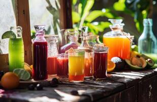 ai gerado uma mesa cheio do vários líquidos e frutas sucos foto