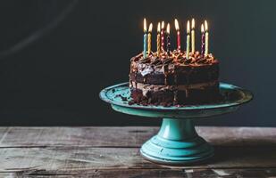 ai gerado bolo com velas sentado em topo do uma azul ficar de pé foto