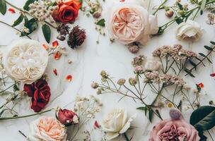 ai gerado uma arranjo do rosas e de outros flores em uma branco fundo foto