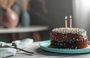 ai gerado uma chocolate aniversário bolo senta em uma azul bolo prato foto