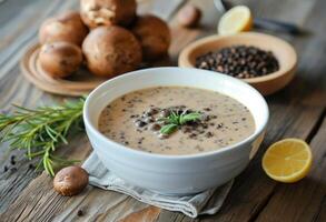 ai gerado uma tigela do cogumelo sopa conjunto em uma de madeira mesa foto