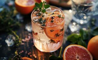 ai gerado uma com infusão de frutas cítricas Gin e tônico com fruta para a mesa foto