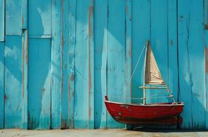 ai gerado a barco velas atrás a azul parede foto