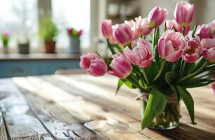 ai gerado tulipas Como peça central em cozinha mesa foto