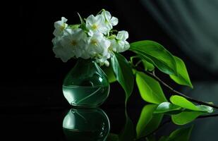 ai gerado branco flor e folhas dentro uma vaso foto