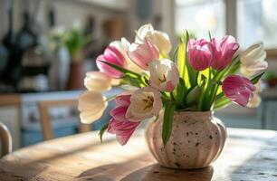 ai gerado tulipas Como peça central em cozinha mesa foto