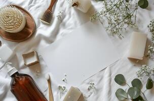 ai gerado branco Folha do papel em a mesa com sabonetes e escovas foto