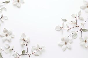 ai gerado branco folhas e flores em uma branco fundo foto