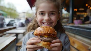 ai gerado menina 12 anos velho come uma grande hamburguer dentro uma rua cafeteria dentro cidade foto