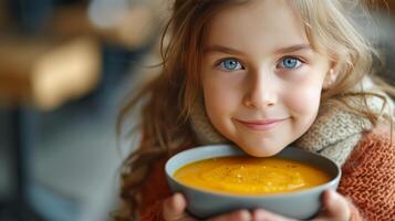 ai gerado uma 12 ano velho menina come abóbora purê sopa foto