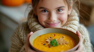 ai gerado uma 12 ano velho menina come abóbora purê sopa foto