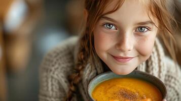 ai gerado uma 12 ano velho menina come abóbora purê sopa foto