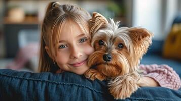 ai gerado uma 12 anos menina detém uma fofo yorkshire terrier cachorro dentro dela braços. foto