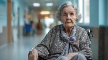 ai gerado a velho mulher dentro uma cadeira de rodas senta e parece às a Câmera dentro uma hospital corredor foto