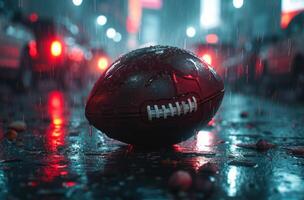 ai gerado a americano futebol em a calçada do uma rua durante uma atrasado noite jogos foto