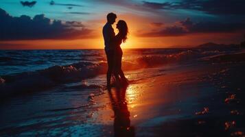 ai gerado lindo jovem casal dançando às noite música festa em a de praia foto