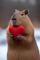 ai gerado capivara detém uma grande vermelho coração dentro dela patas em uma minimalista brilhante fundo foto