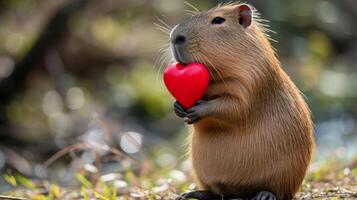 ai gerado capivara detém uma grande vermelho coração dentro dela patas em uma minimalista brilhante fundo foto