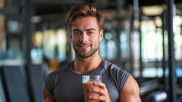 ai gerado uma bonito, aparência atlética homem é segurando uma vidro do batido dentro dele mão foto