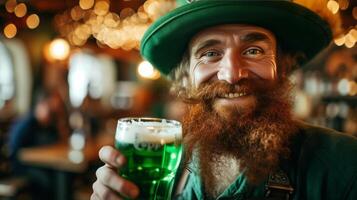 ai gerado uma duende dentro uma grande verde chapéu bebidas verde Cerveja e sorrisos enquanto olhando às a Câmera foto