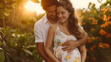 ai gerado uma homem abraços dele grávida lindo esposa a partir de atrás dentro uma brilhante vestido de verão foto