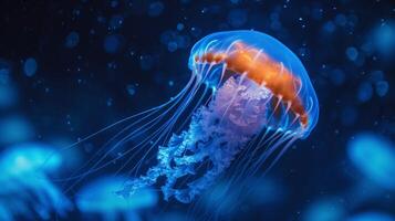 ai gerado néon medusa nada dentro azul oceano água foto