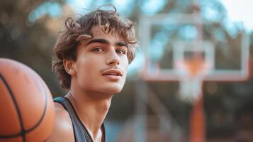 ai gerado jovem bonito basquetebol jogador jogando uma basquetebol para dentro uma basquetebol aro foto