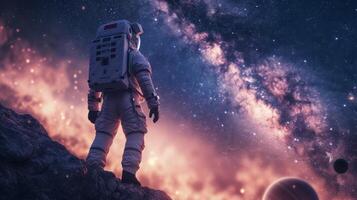 ai gerado a astronauta é fotografado com a leitoso caminho dentro a fundo foto