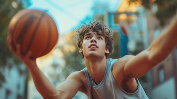 ai gerado jovem bonito basquetebol jogador jogando uma basquetebol para dentro uma basquetebol aro foto