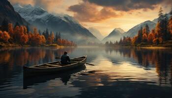ai gerado uma homem dentro uma barco remar em uma lago durante outono, foto
