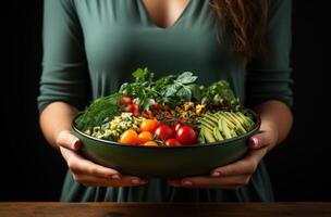 ai gerado uma verde tigela com legumes e especiarias com a pessoa segurando isto, foto