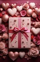 ai gerado esvaziar cartão página cercado de presentes e corações, em uma Rosa fundo, foto