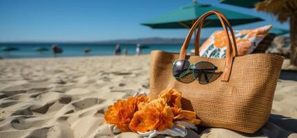 ai gerado de praia saco preenchidas com toalhas, de praia cadeiras, oculos de sol e de praia equipamento, foto