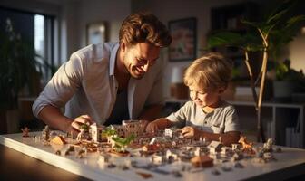 ai gerado feliz família homem com dele filho jogando em a mesa foto