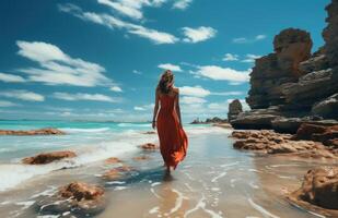 ai gerado senhora dentro vermelho vestir caminhando ao longo a praia, foto