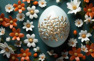 ai gerado Páscoa ovo com branco margarida, bebê respiração, e laranja flores em uma Sombrio verde fundo foto