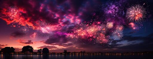 ai gerado fogos de artifício e estrelinhas brilhando dentro a atrasado tarde céu, foto