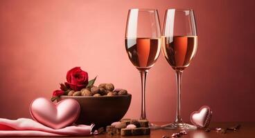 ai gerado romântico vinho, copo de vinho e chocolates estão colocada em uma Rosa fundo foto