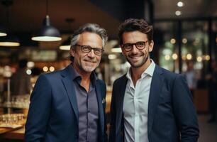 ai gerado dois sorridente homens tremendo mãos depois de encontro dentro a escritório foto