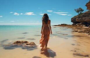 ai gerado mulher caminhando em a de praia romântico foto