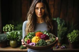 ai gerado mulheres aguarde acima uma tigela com vários verde vegetais, abacate, e cogumelos foto